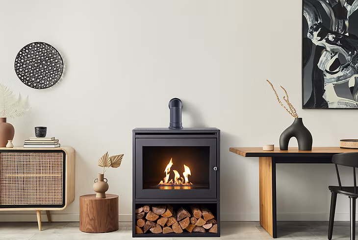 OKO S6 FLS + Small Angled Stove Pipe + Log Store