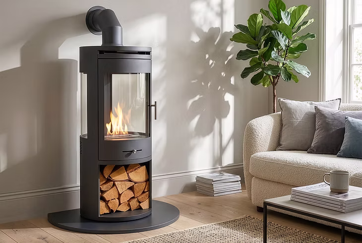 OKO S7 + Angled Metal Stove Pipe + Truncated Hearth FLS